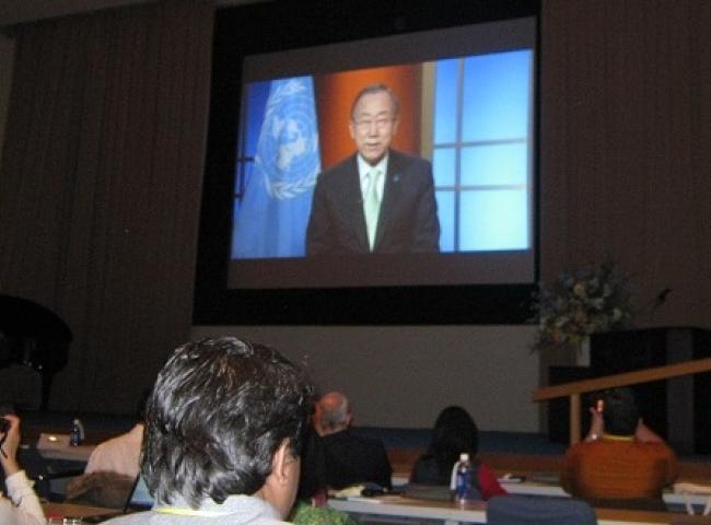UN Secretary-general Ban Ki Moon during a tele conferencing at the World Water Day Conference in the United Nations University, Tokyo.
