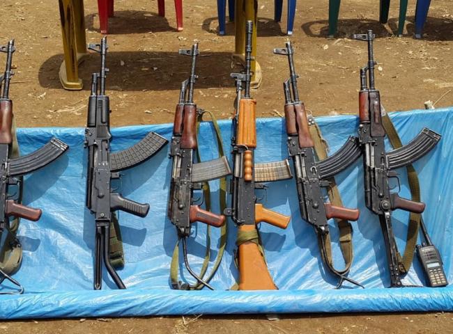 The 6 assault rifles seized from 23 Assam Rifles along with a wireless set by UNLFW during what is calls, 'Operation Changlangshu,' in Mon, Nagaland, Sunday, May 3, 2015.  Photo: UNLFW