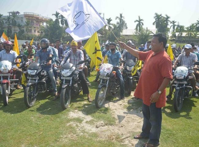 ABSU president Promod Boro while flagging off grand bike rally 
