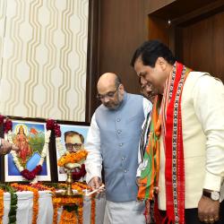 BJP president Amit Shah lightning the inaugural lamp of the 2nd Conclave of North-East Democratic Alliance (NEDA), in New Delhi on Tuesday Photo by UB Photos