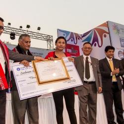 L Sarita Devi is being felicitated 