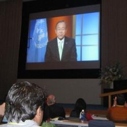 UN Secretary-general Ban Ki Moon during a tele conferencing at the World Water Day Conference in the United Nations University, Tokyo.