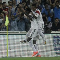 Kondwani Mtonga of NorthEast United FC celebrates a goal during match 11 of the Hero Indian Super League between Mumbai City FC and North East United FC City held at the D.Y. Patil Stadium, Navi Mumbai, India on the October 24.  Photo by: Pal Pillai/ ISL/ SPORTZPICS 