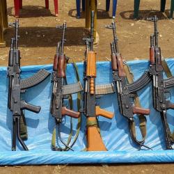 The 6 assault rifles seized from 23 Assam Rifles along with a wireless set by UNLFW during what is calls, 'Operation Changlangshu,' in Mon, Nagaland, Sunday, May 3, 2015.  Photo: UNLFW