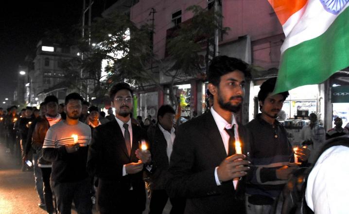 Tezpur Yava Samaj Protest Candle Lighting Rally  against terror attacks in Pulwam Kashmir, at Tezpur  on on Sunday. Photo: UB photos