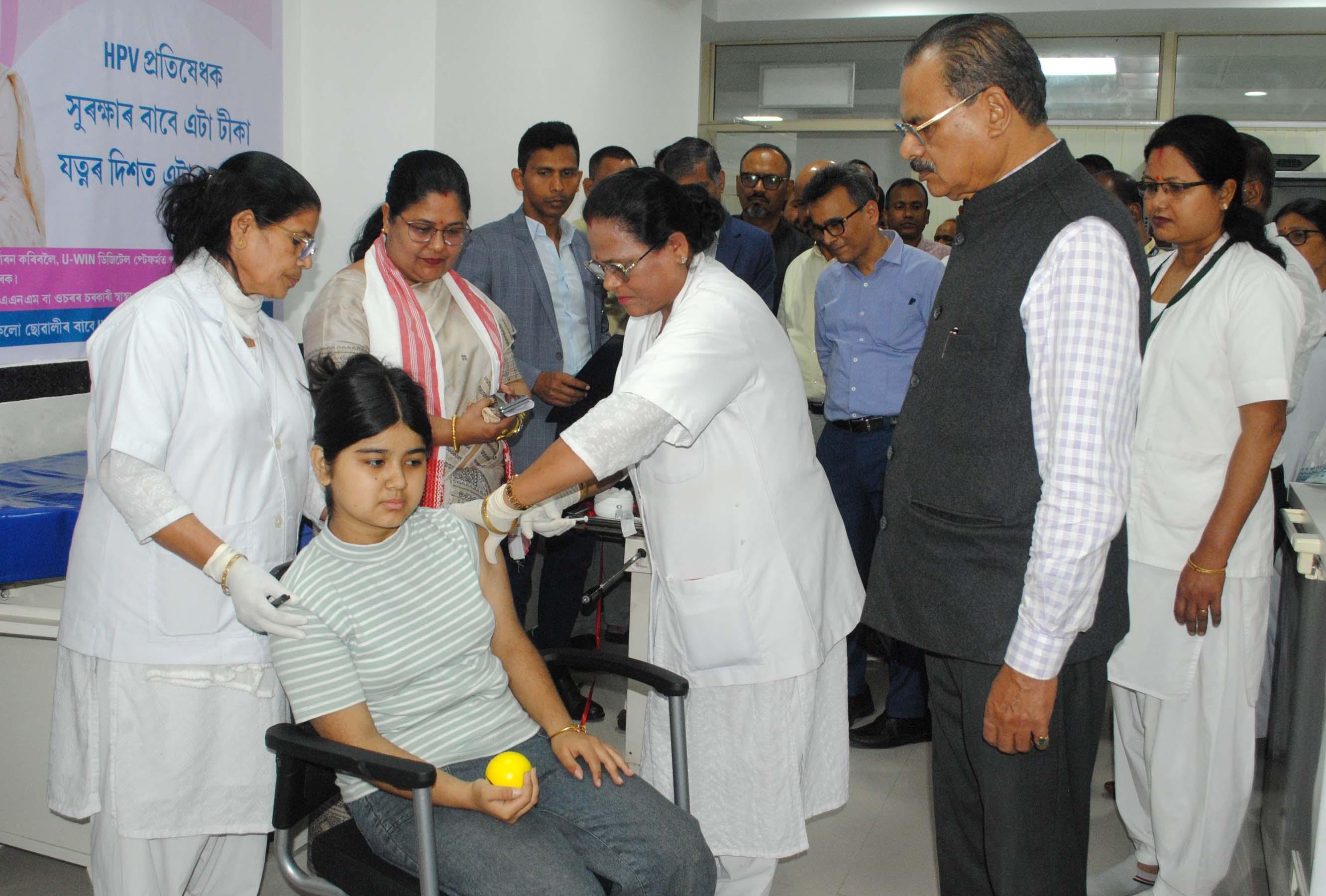 Chandra Mohan Patowary, Minister of Environment & Forests and Welfare, along with MP Bijuli Kalita Medhi, at the State Launch of the HPV Vaccination Campaign at Maternity & Child Hospital, Gauhati Medical College and Hospital, Bhangagarh, Guwahati, on February 28, 2026. The National and State Launch was virtually inaugurated by Prime Minister Narendra Modi. (Pix by UB Photos)