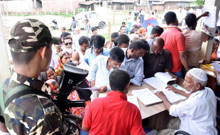 People queue up to check their names in final NRC list at Bhojkhowa in Tezpur on Saturday. Photo: UB Photos