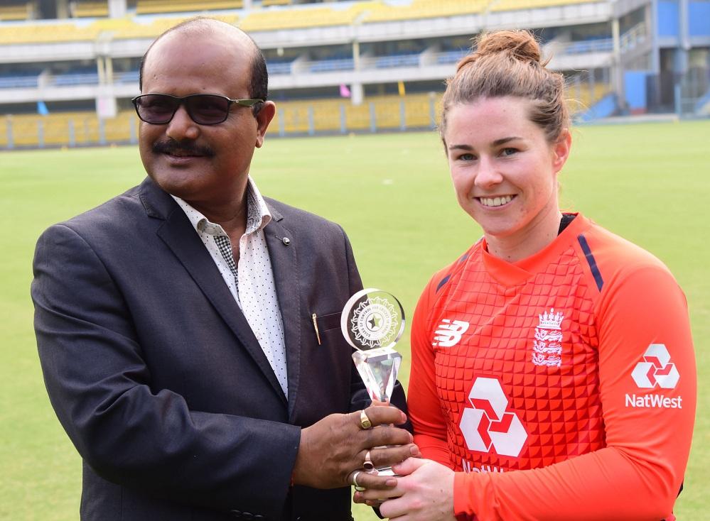 TT Beaumont receiving winning trophy at the India vs England 1st T20I at Guwahati 