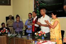 Nagaland Governor Ashwani Kumar releasing the book. Flanked by Som Kamei (L), Aiyushman Dutta (2L) and Prof AC Bhagawati (R)