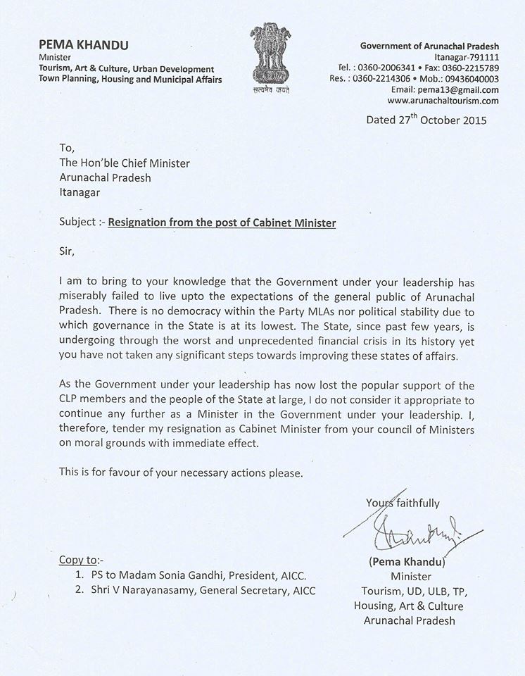 Arunachal tourism minister quits