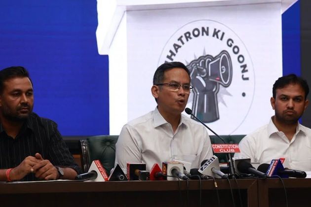 Congress MP Gaurav Gogoi addresses a press conference in New Delhi as part of the 'Chhatron Ki Goonj' campaign, demanding the resignation of Union Education Minister Dharmendra Pradhan over alleged examination irregularities and the NEET controversy.