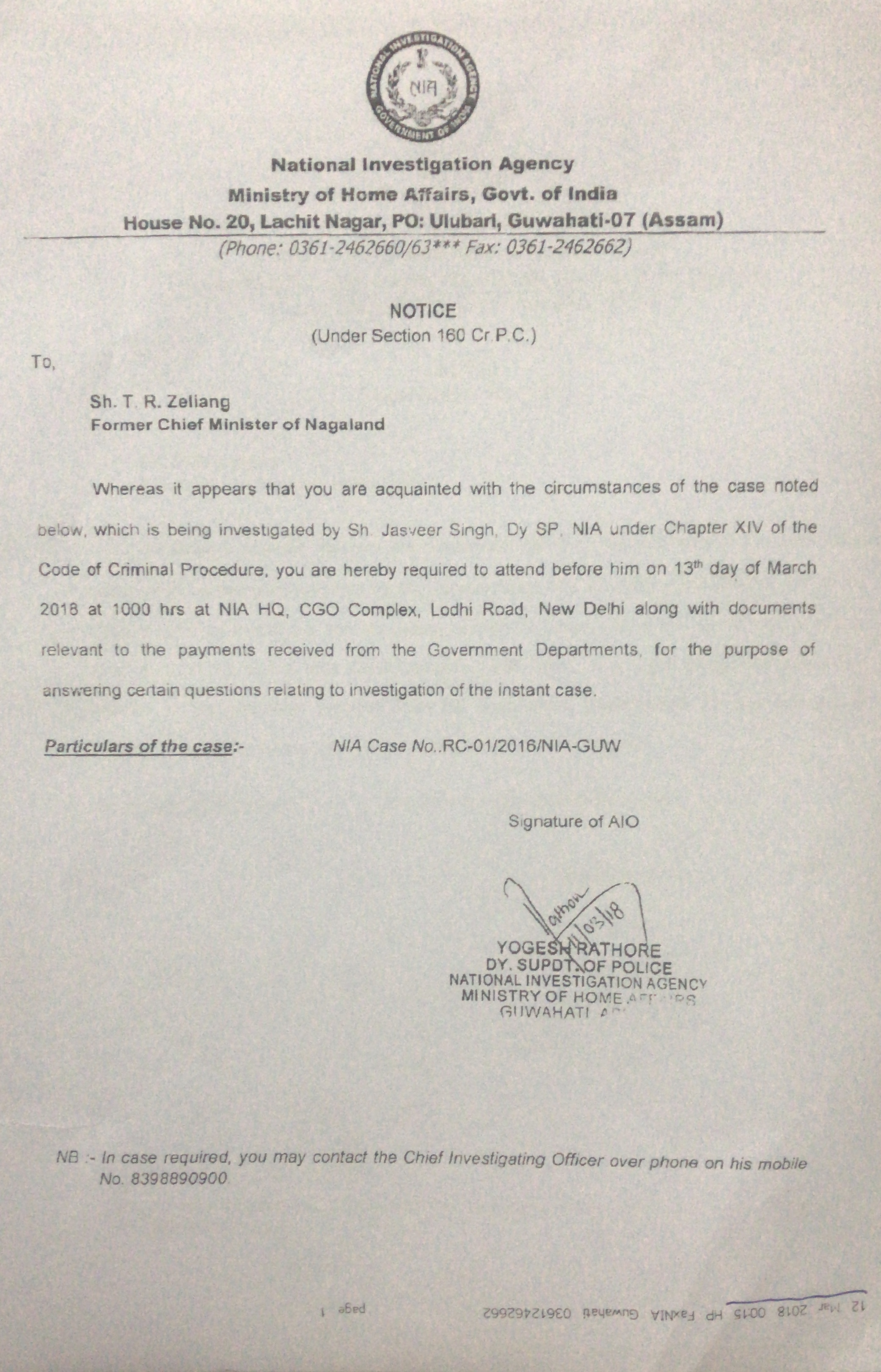NIA summons to Zeliang strike controversy