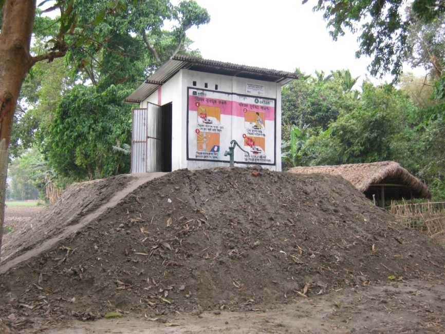 Raised latrine with hand-wash facilities in disaster prone installed by NGO